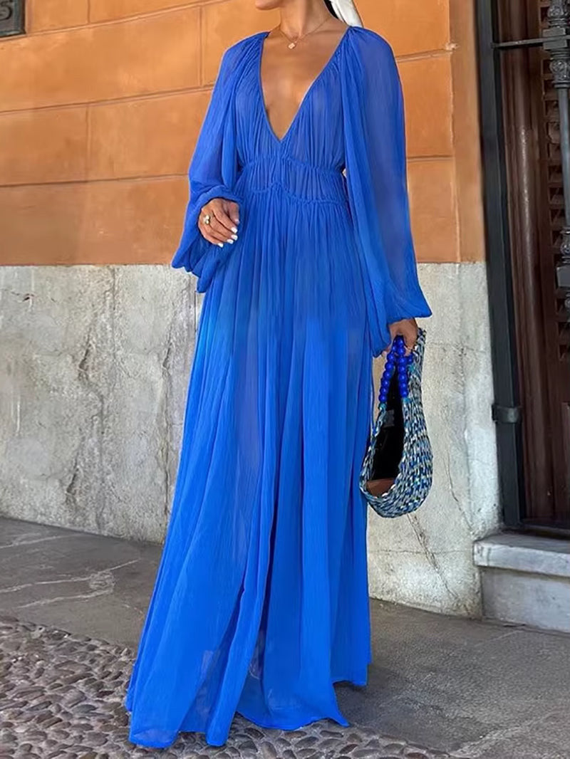 Elegant V-neck Chiffon Waist Pleated Maxi Dress Blue