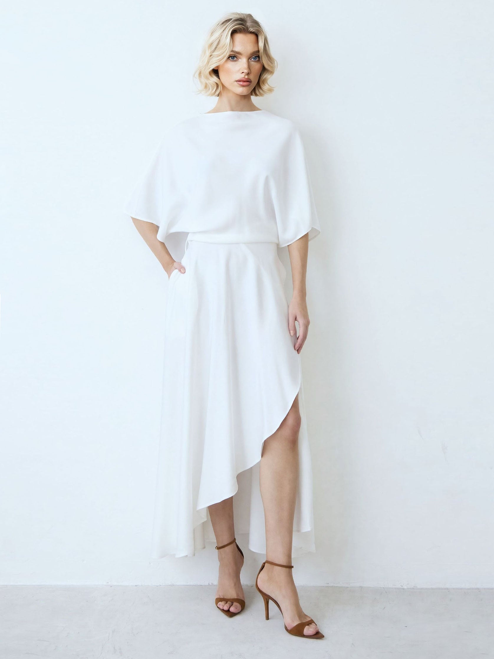 Elegant Irregular Wrap Midi Dress White