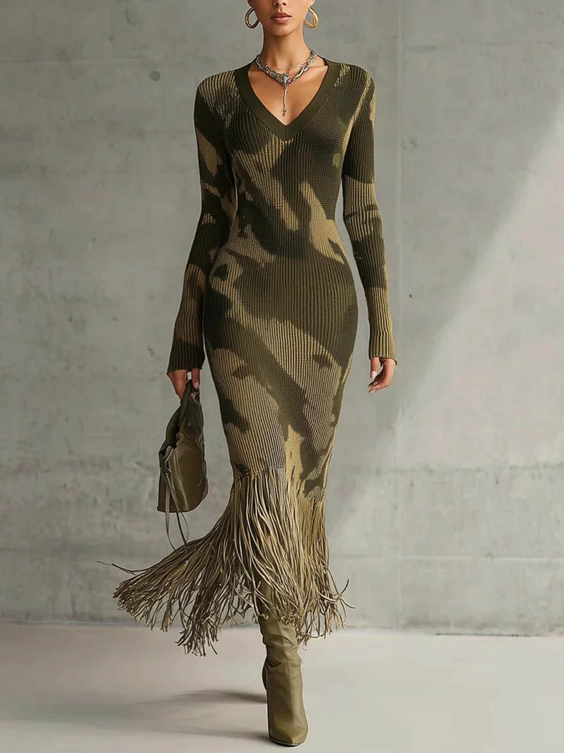 Elegant Camouflage Knit V-neck Fringed Hem Maxi Dress Olive Green
