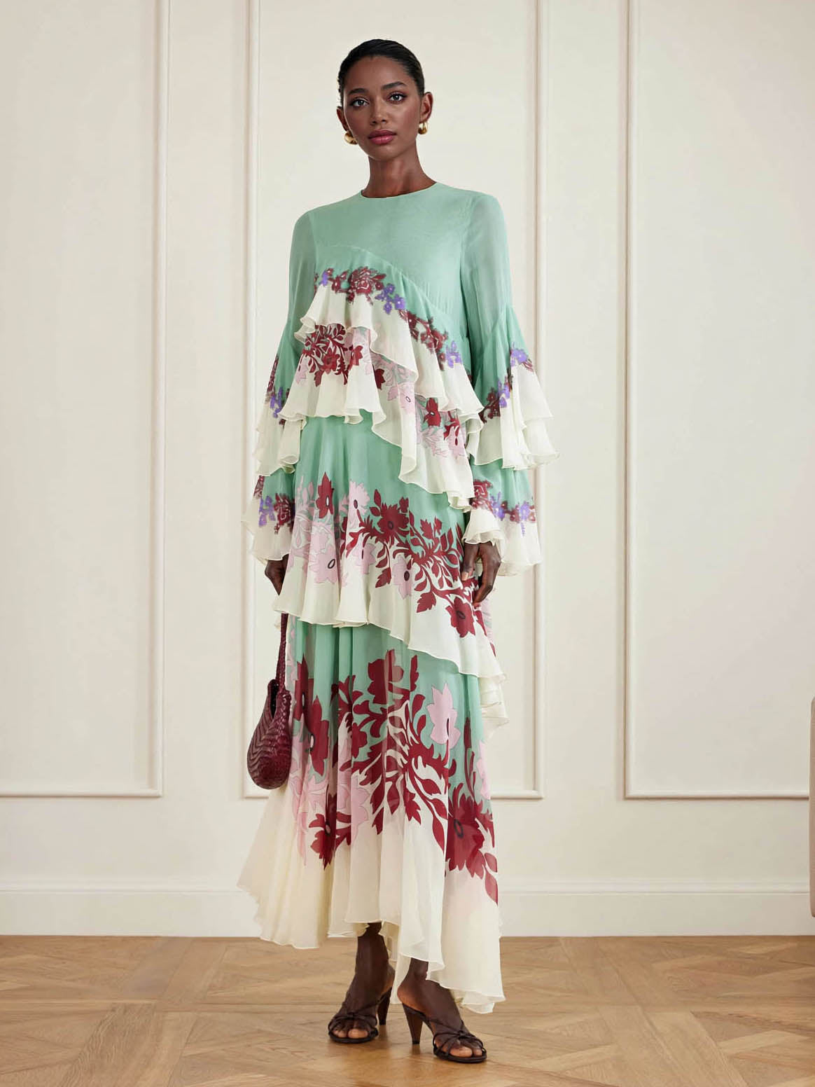Elegant Floral Print Layered Ruffle Maxi Dress Green