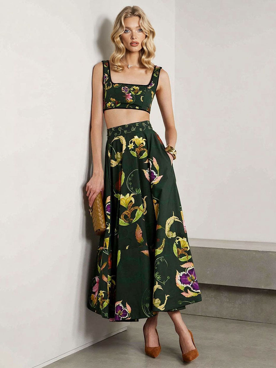 Retro Style Dark Green Floral Print Crop Top & Skirt Set Green