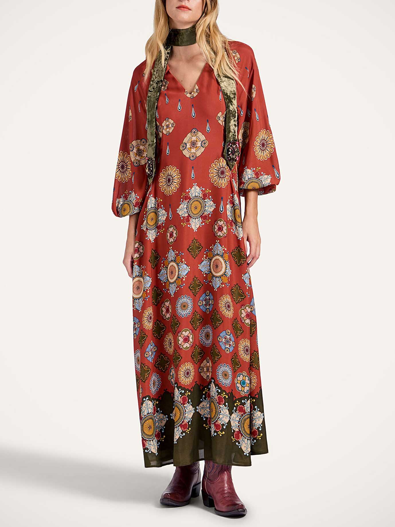 Elegant Satin Printed Shirt Collar Long Sleeve Maxi Dress Red