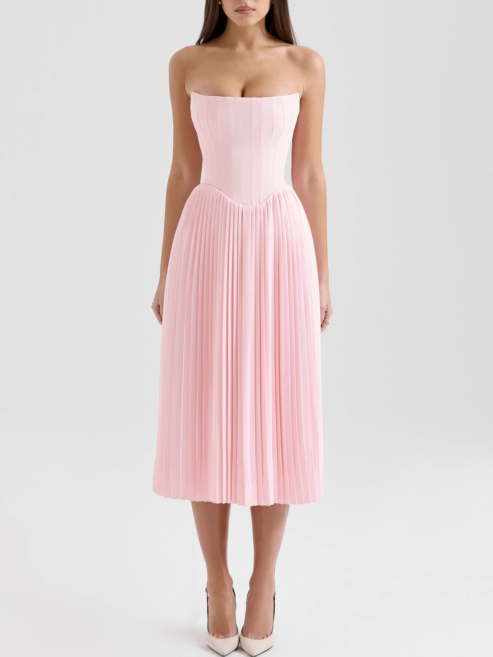 Elegant Strapless Pleated Midi Dress Pink
