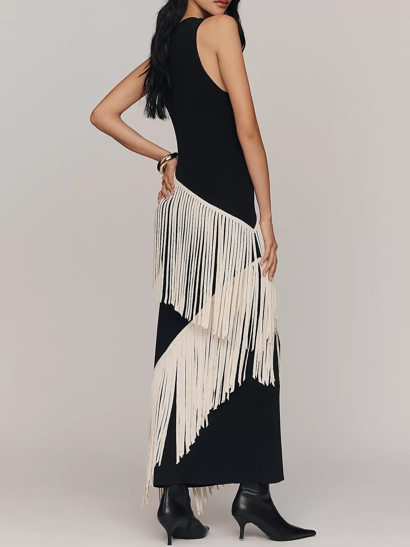Elegant Asymmetrical Fringe Trim Bodycon Maxi Dress
