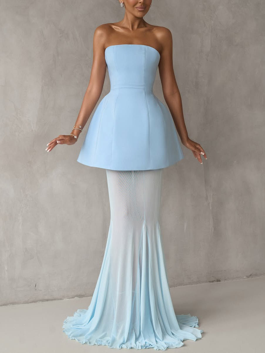 Elegant Off-the-shoulder Top And Mesh Sheer Fishtail Skirt Two-piece Set Light Blue