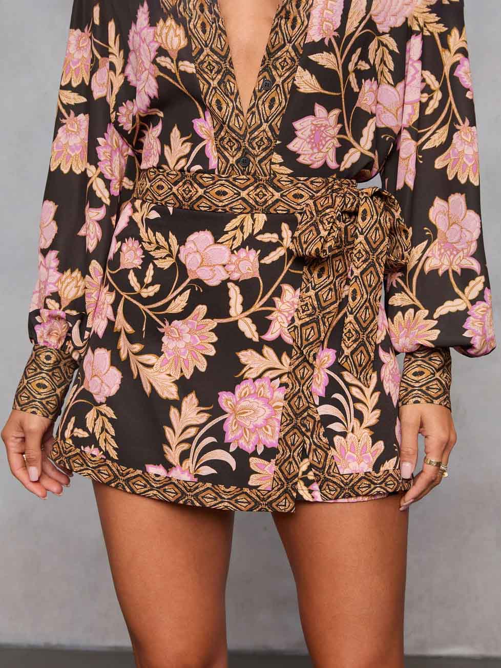 Casual Bohemian Floral Print Tie Wrap Skirt Black