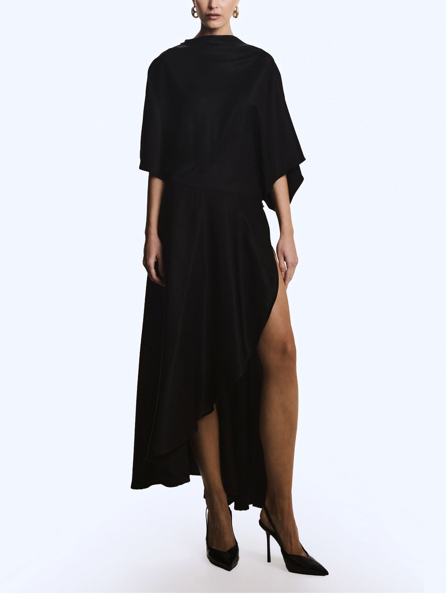 Elegant Satin Flowing Wrap Midi Dress Black