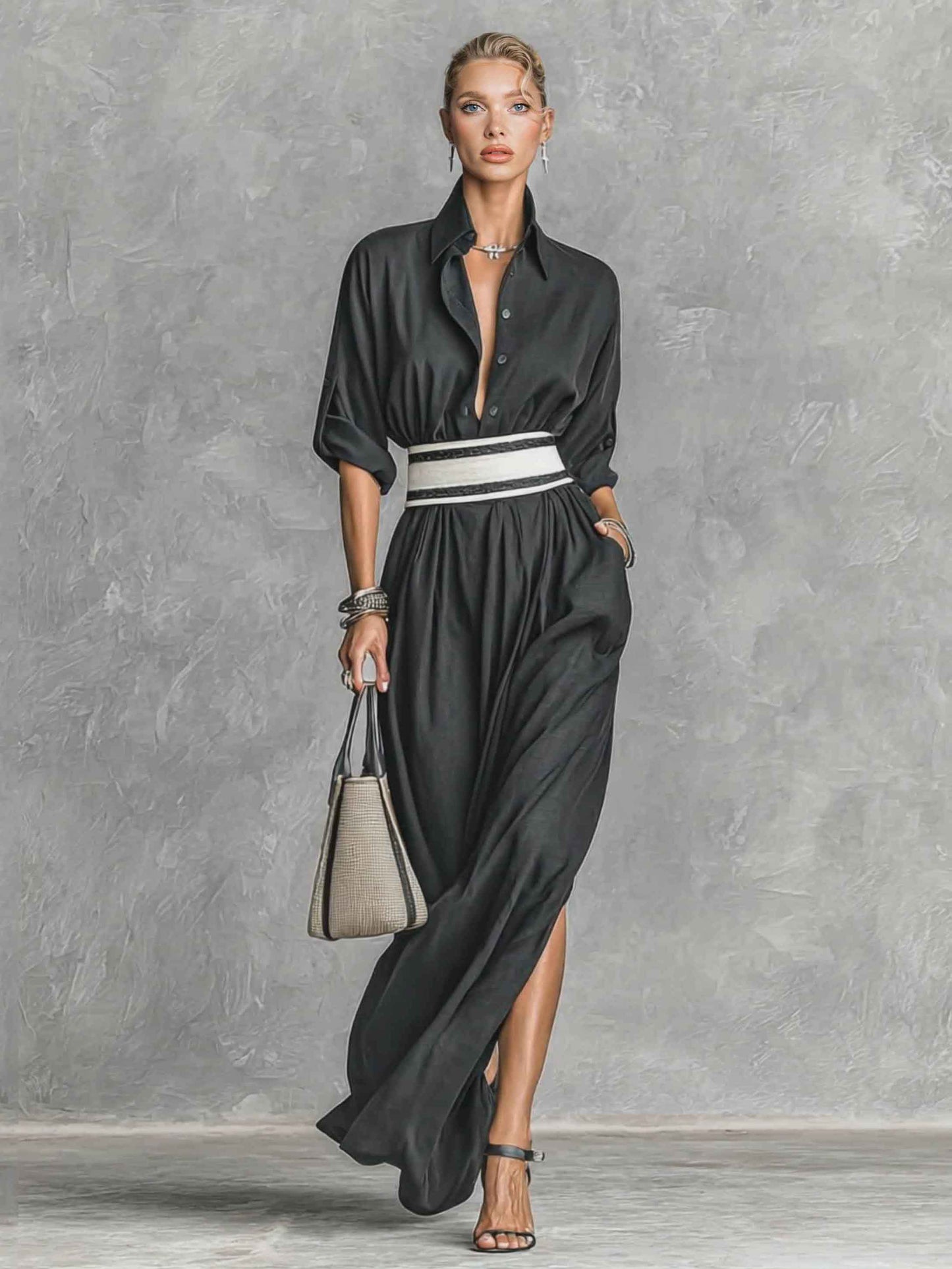Casual Collared Single-Breasted Waist-Drawn Maxi Dress Black