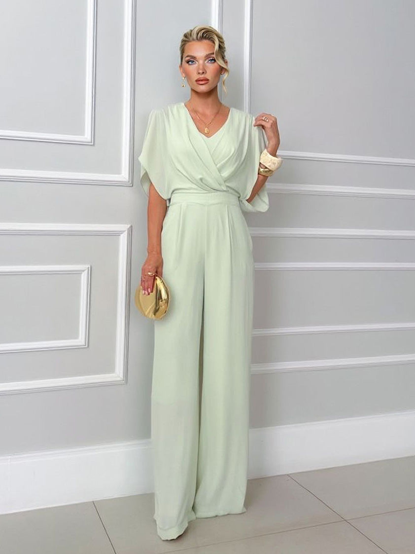 Elegant Draped Cross V-Neck Jumpsuit Green