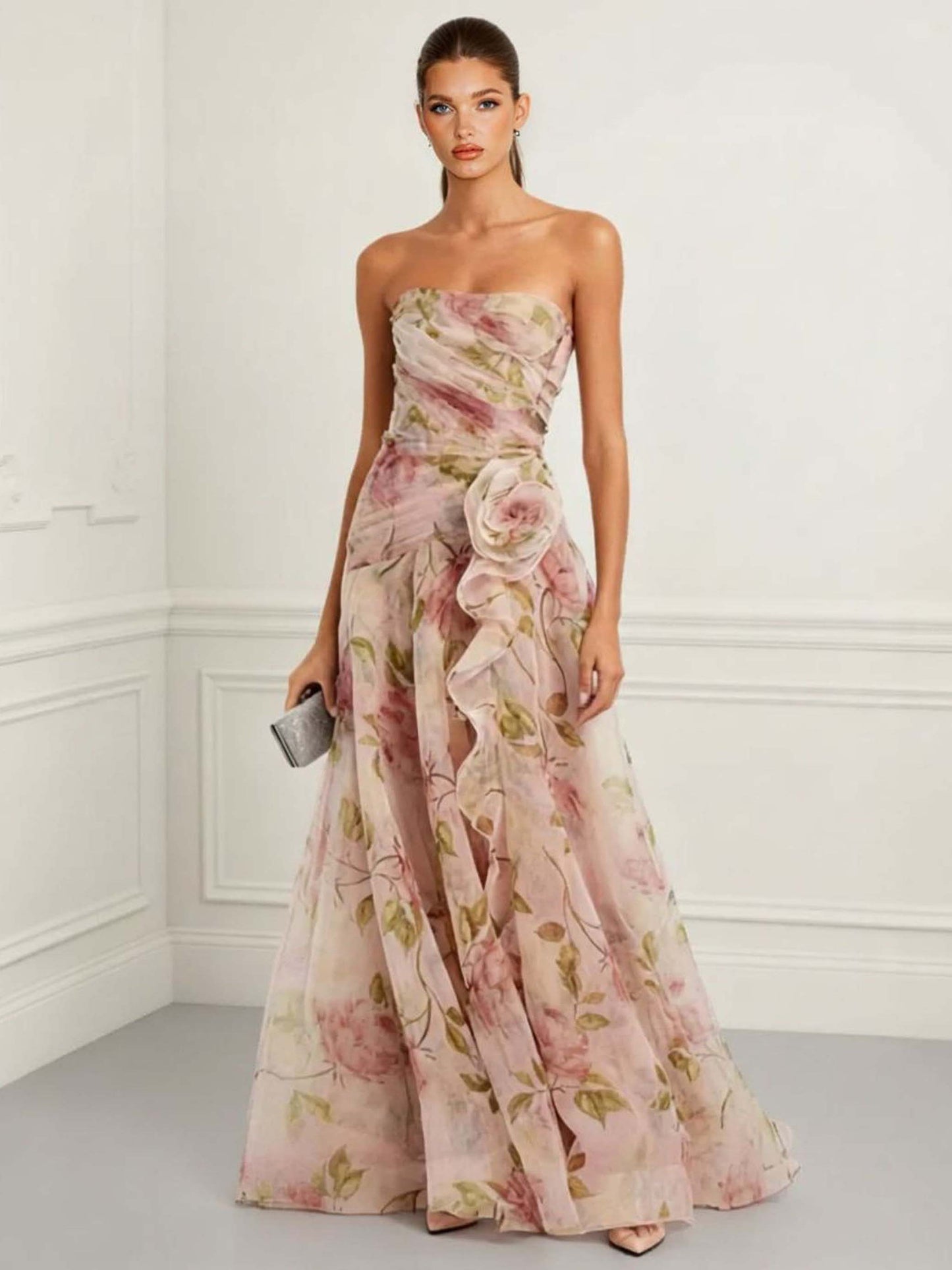 Elegant Strapless Floral Print Chiffon Maxi Dress Pink