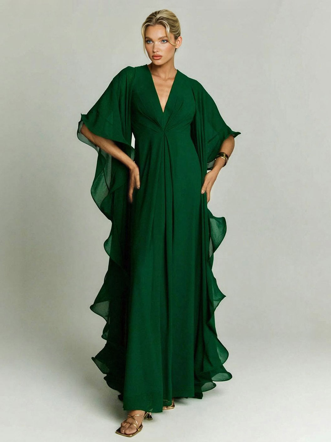 Elegant Draped Head Sleeve Chiffon Maxi Dress Dark Green
