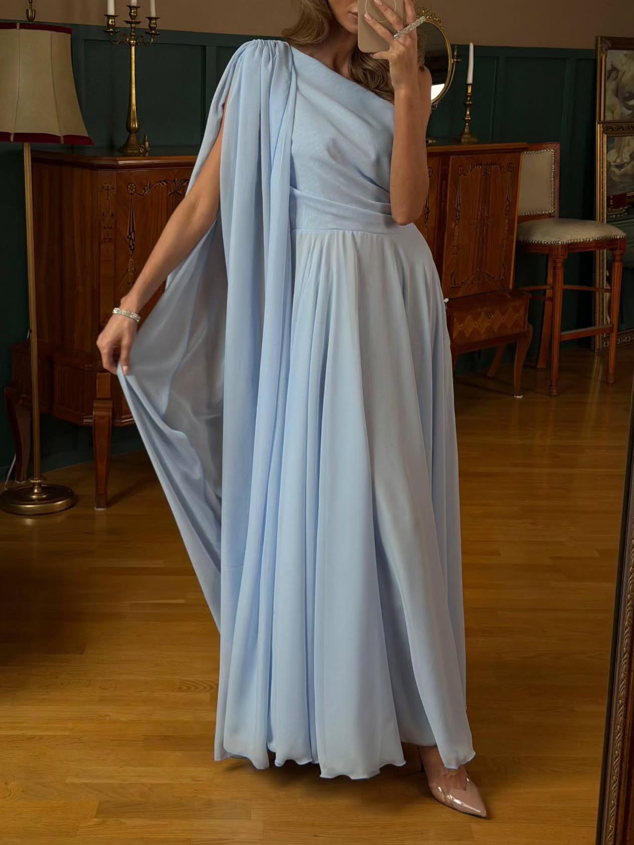 Elegant One-Shoulder Draped Chiffon Maxi Dress Blue