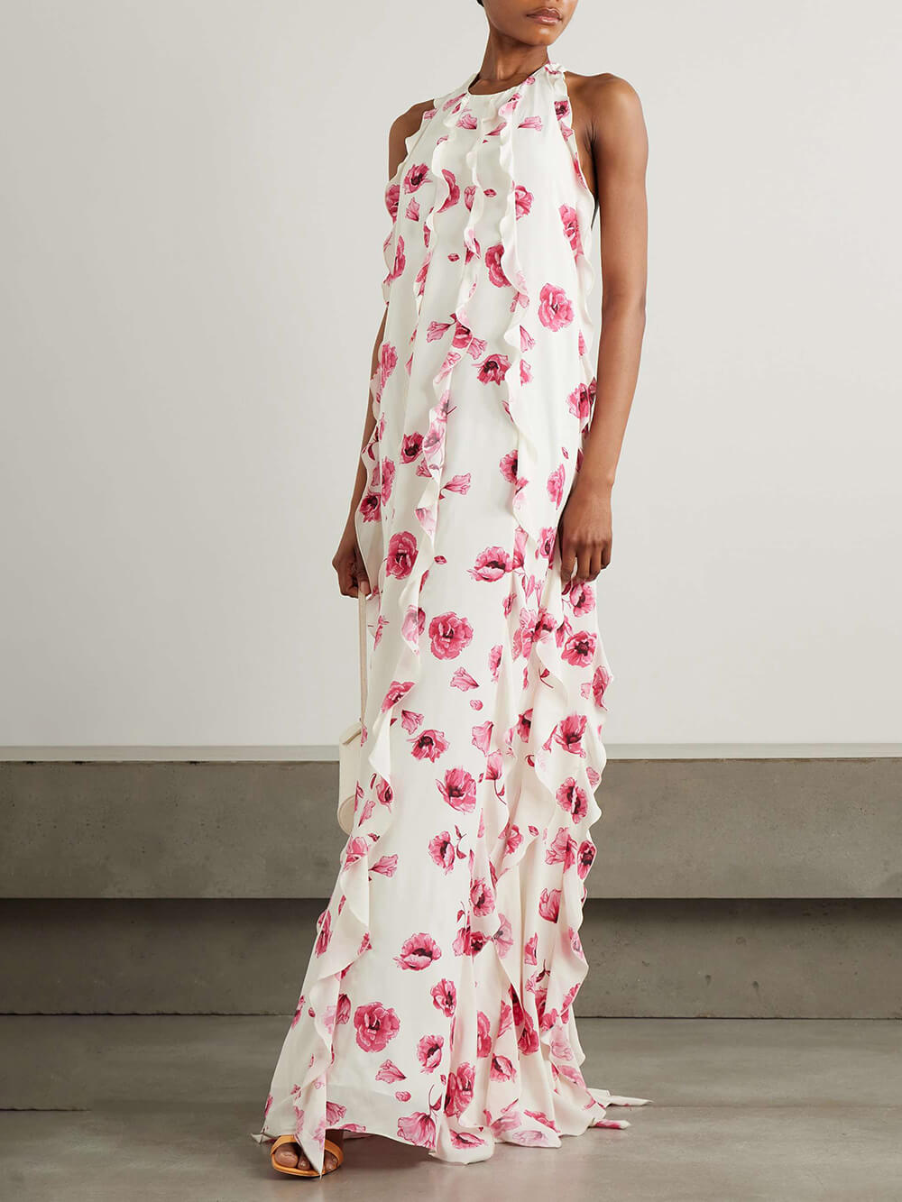 Retro Ruffle Floral Print Chiffon Crepe Chine Halter Maxi Dress White