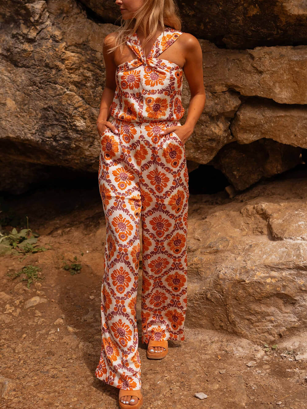 Unique Floral Print Off-Shoulder Cinched Waist Jumpsuit Orange