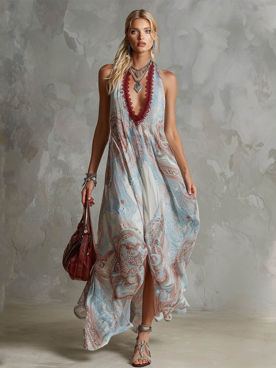Retro Ethnic Print Sleeveless Chiffon Maxi Dress Blue