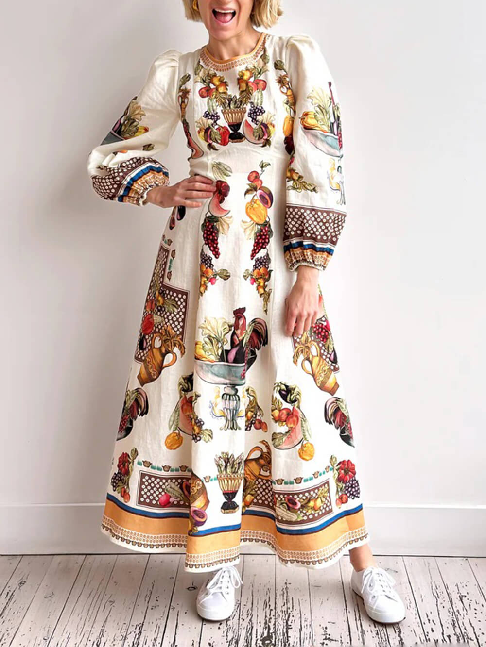 Casual Island Bloom Tropical Fruit Patchwork A-Line Maxi Dress Multicolor