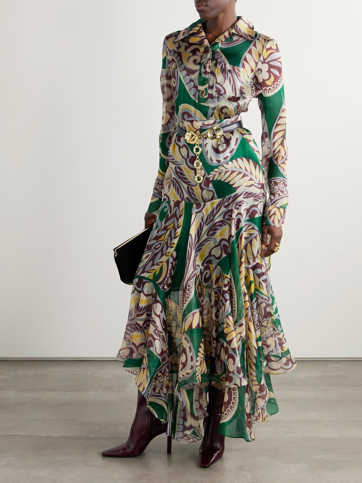 Unique Belted Asymmetrical Paisley Print Maxi Dress Green