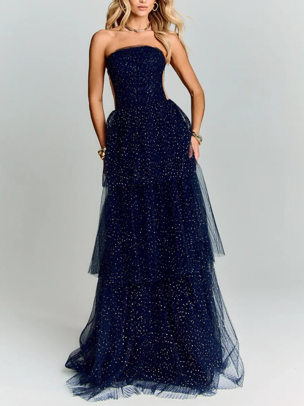 Elegant Navy Blue Polka Dot Layered Tulle Party Maxi Dress Navy Blue