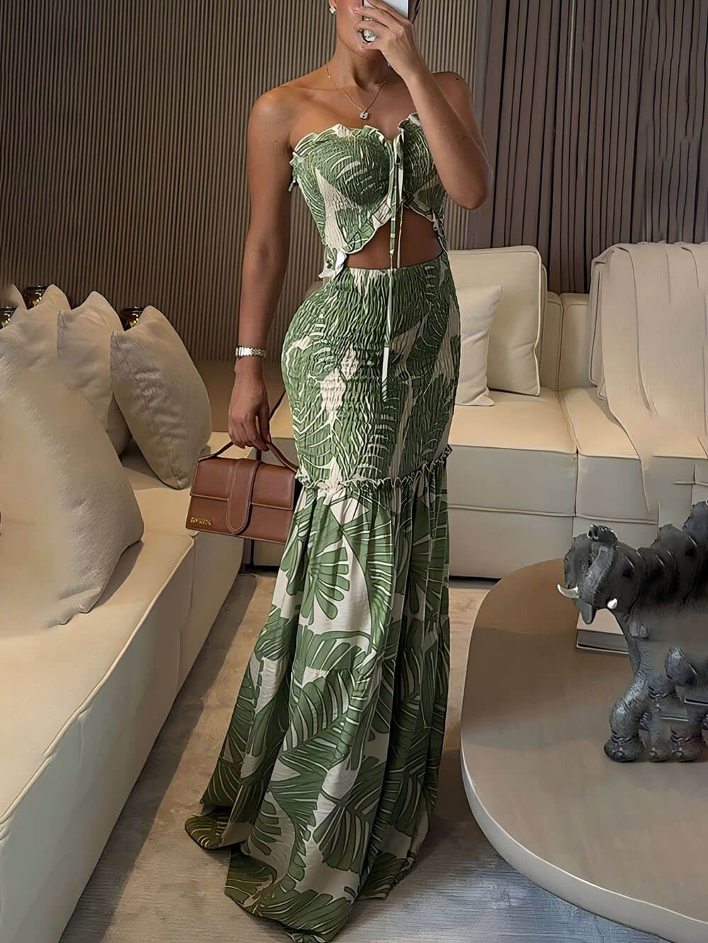 Exquisite Floral Smocked Cutout Halter Fishtail Stretch Maxi Dress Green