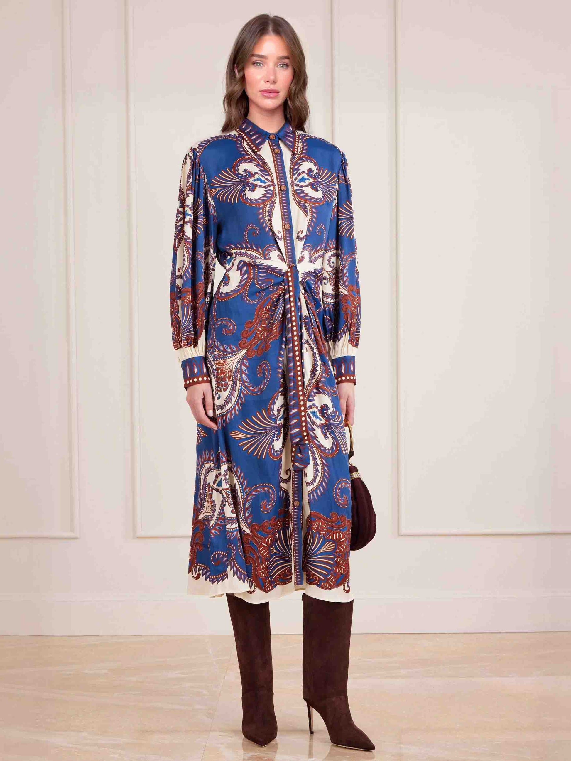 Elegant Paisley Print Tie-Waist Shirt Midi Dress Blue