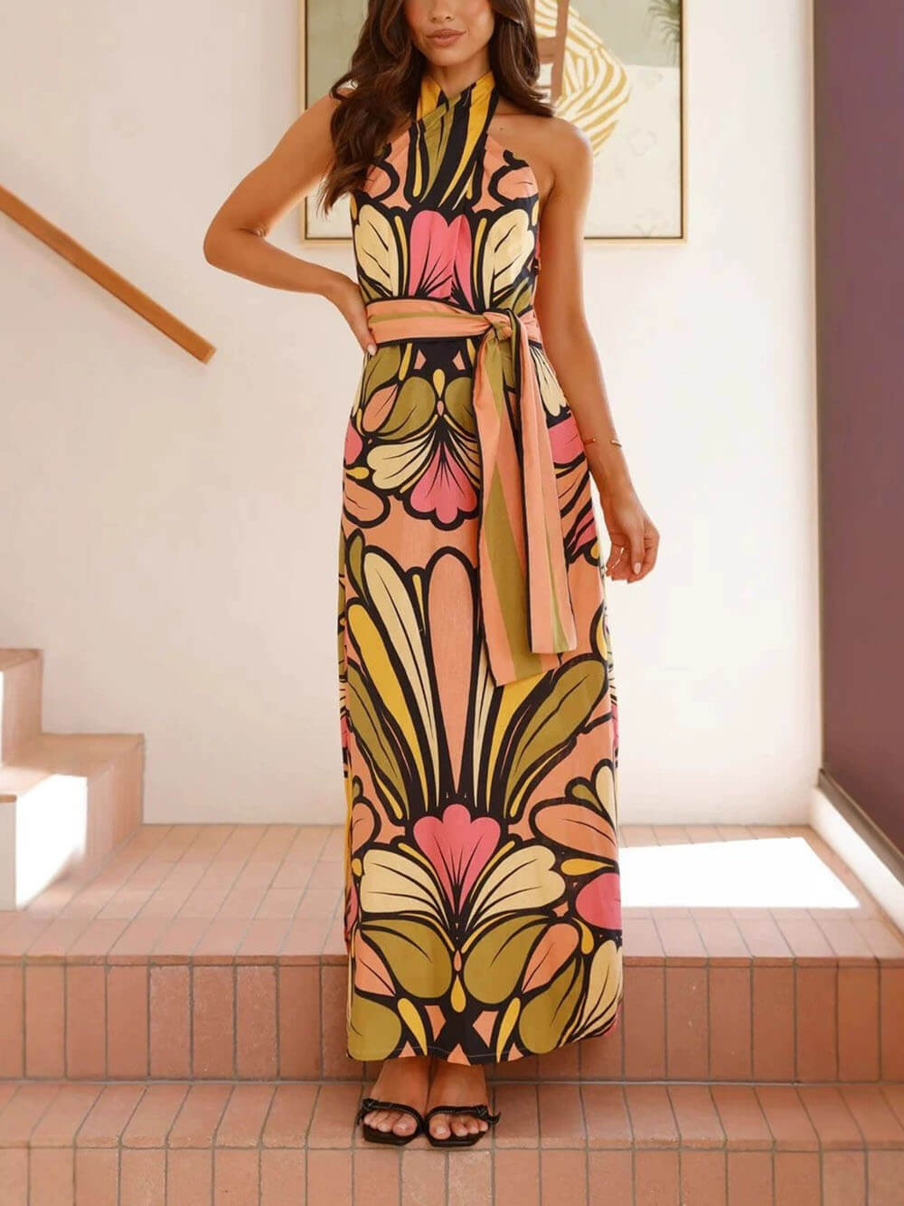 Elegant Floral Print Twist Neck Linen Halter Maxi Dress Multicolor