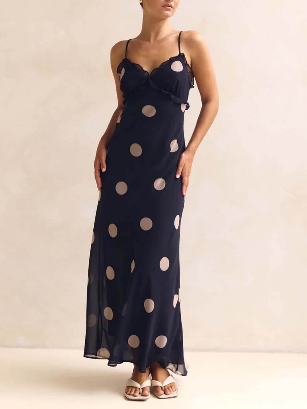 Delicate Lace-Trim Polka Dot Open-Back Maxi Dress Navy Blue