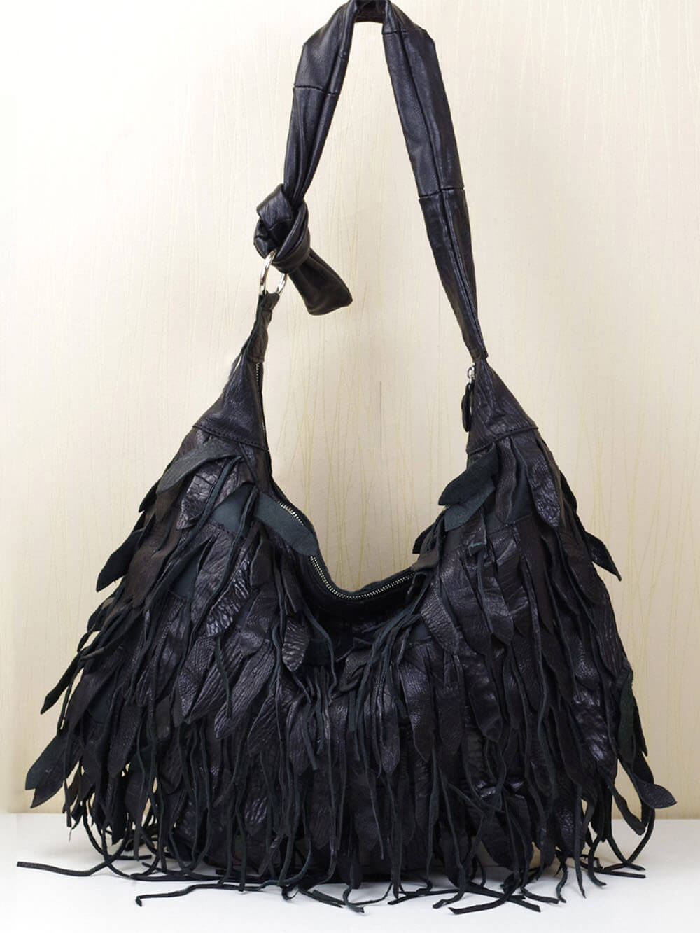 Casual Black Striped Tassel Personality Hobo Shoulder Bag Black