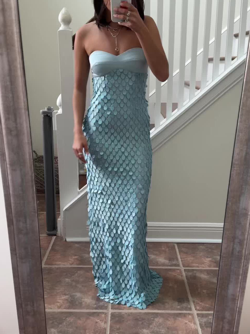 Elegant Strapless Lace Sequined Maxi Dress Blue
