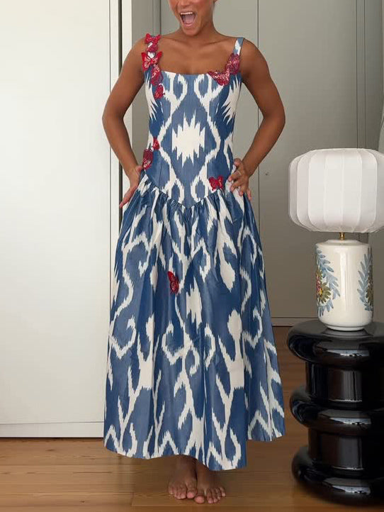 Elegant Ikat Print Sleeveless Butterfly Embellished Maxi Dress Blue