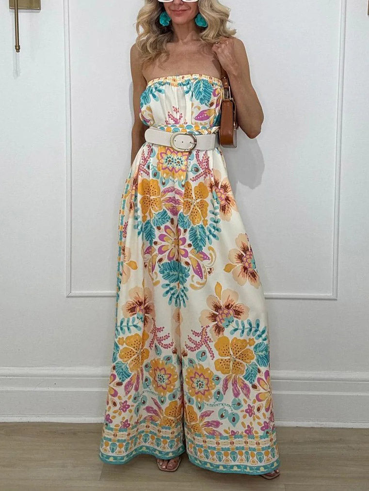Exquisite Folk Style Printed Wrap Collar Jumpsuit Cream