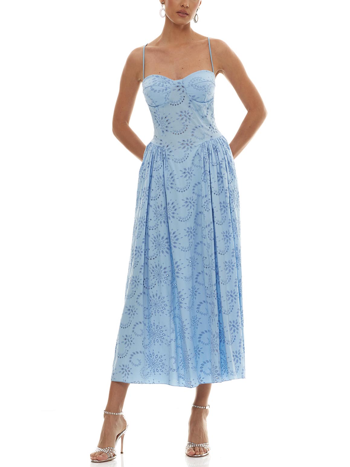 Romantic Embroidered Sweetheart Neck Spaghetti Strap Maxi Dress Blue