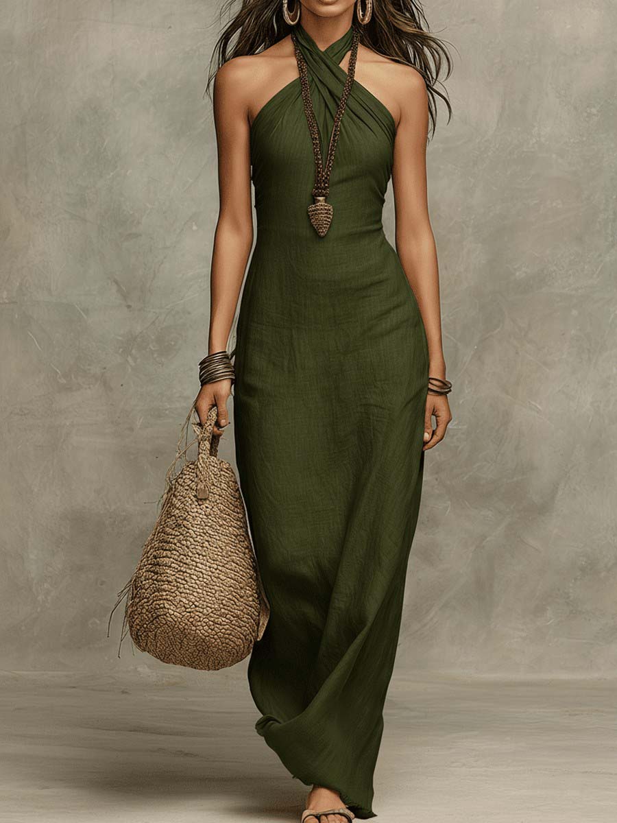 Minimalist Backless Resort Maxi Dress Green