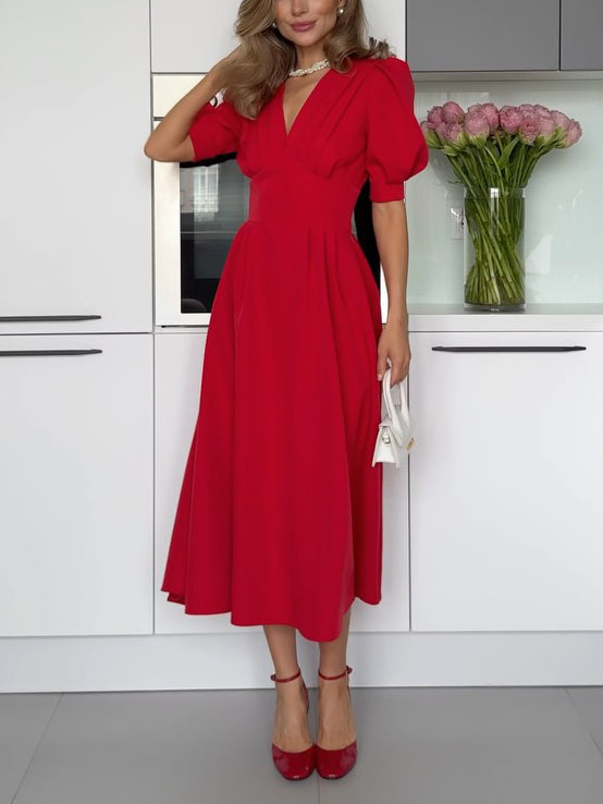 Elegant V-neck Puff Short Sleeve Midi Dress Red