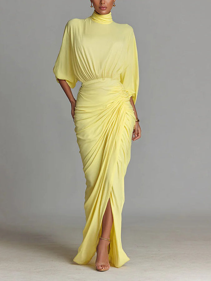 Elegant High-neck Half-sleeve Pleated Maxi Dress Yellow
