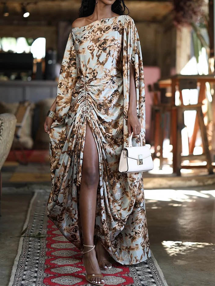 Elegant One-Shoulder Floral Draped Ruched Maxi Dress Green