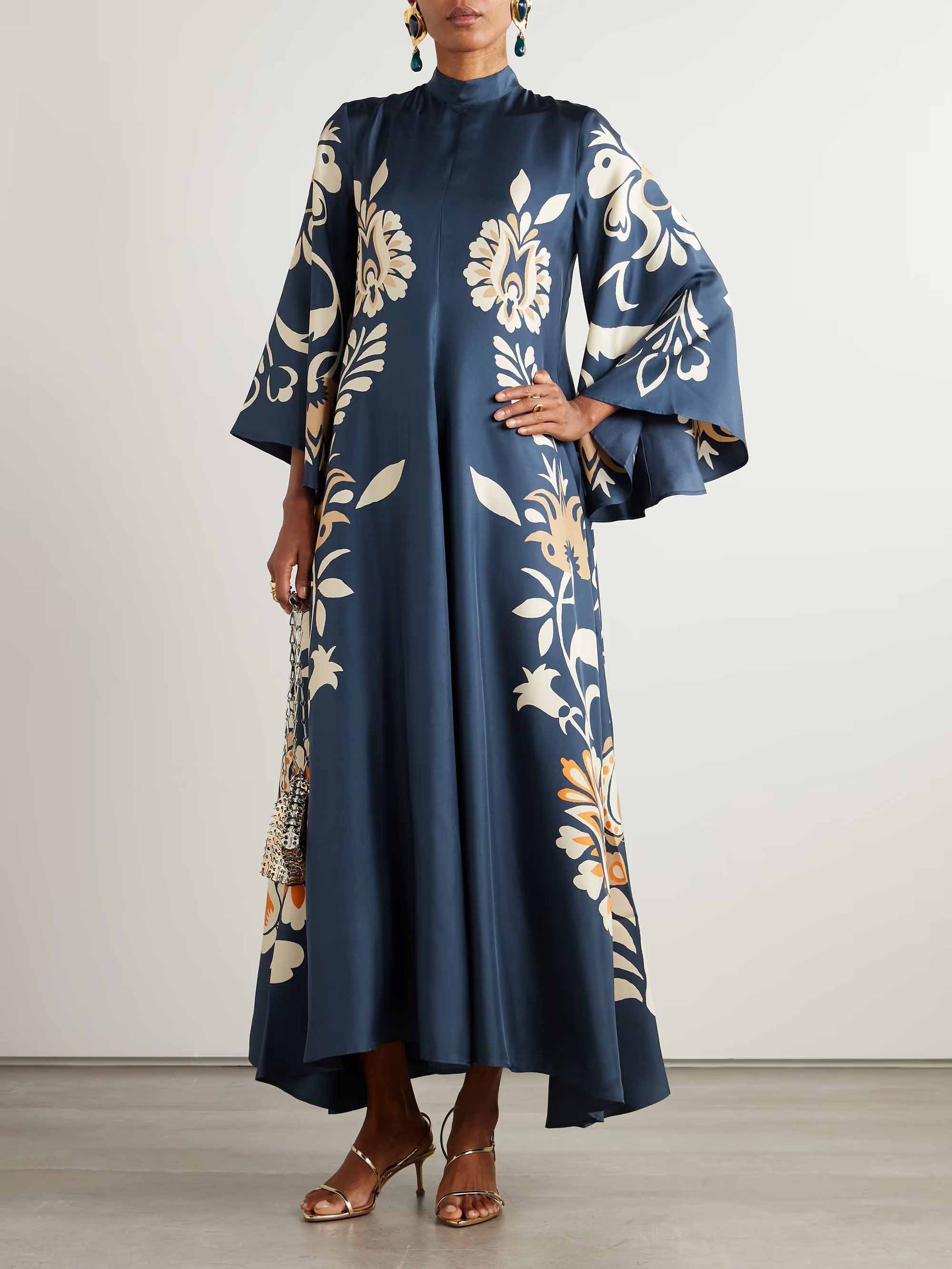 Vintage Floral Print Neckline Flowy Maxi Dress Dark Blue