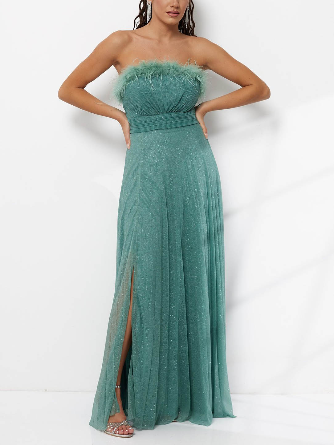 Elegant Feather Trim Shimmer Strapless Maxi Dress Green