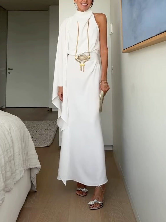 Elegantly Draped Cape-sleeved Satin Maxi Dress White