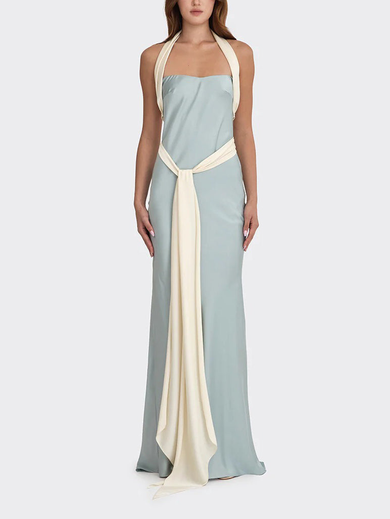 Elegant Satin Contrast Halter Neck Party Maxi Dress Blue