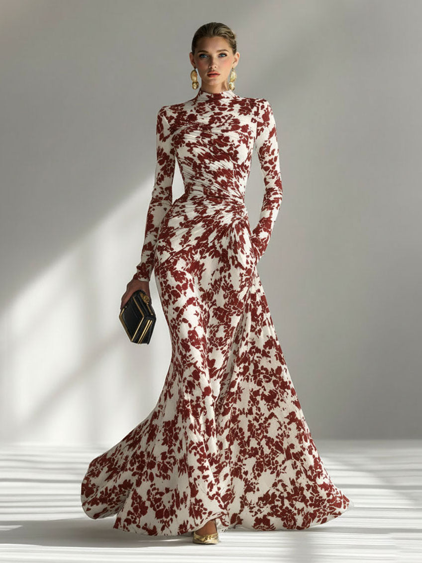Casual Abstract Print High-Neck Pleated Mermaid Maxi Dress Red