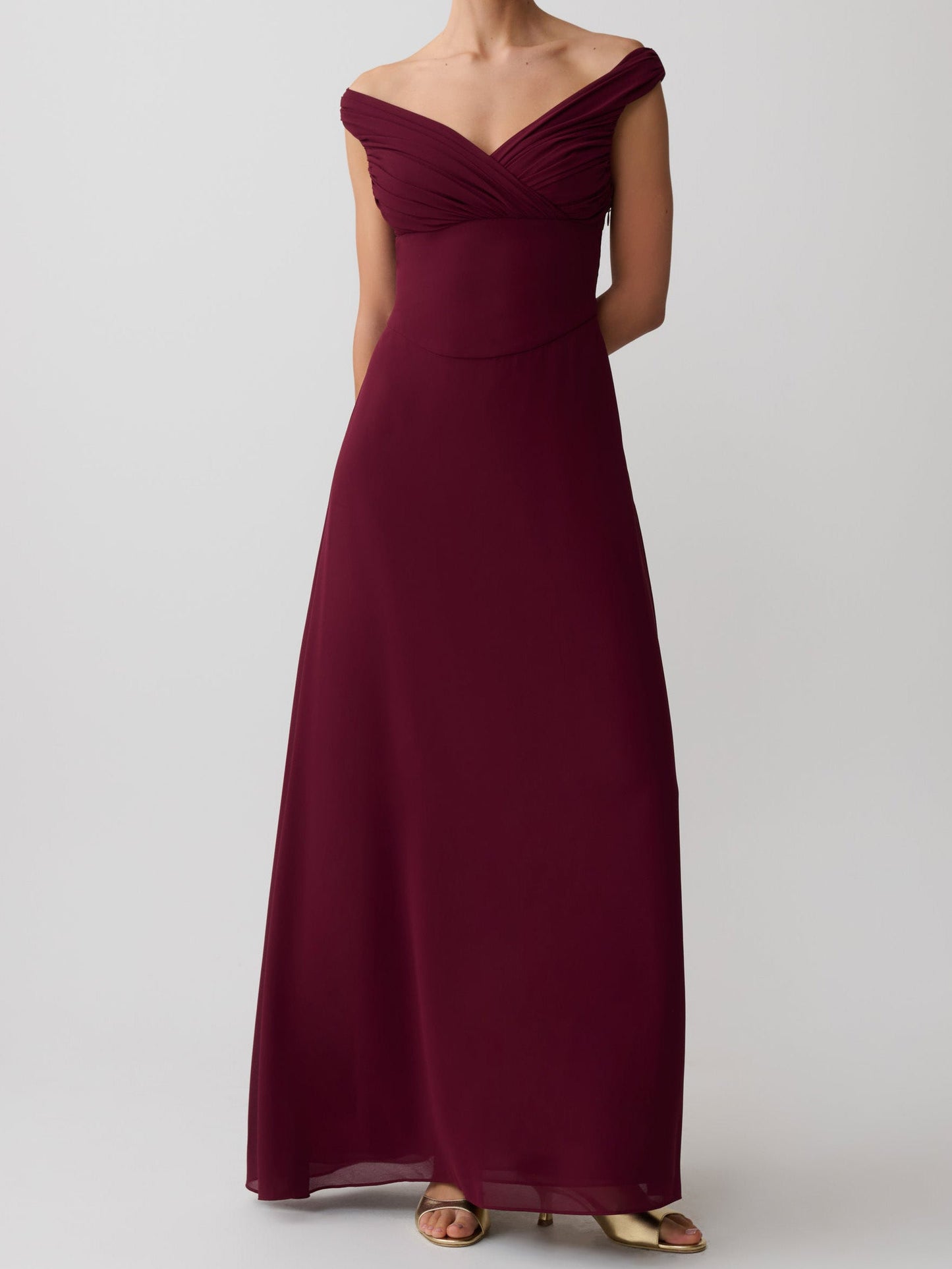 Elegant Off-Shoulder Ruched Waist Maxi Dress Red