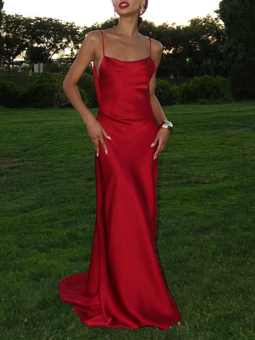 Sexy Backless Satin Side-Slit Maxi Dress Red