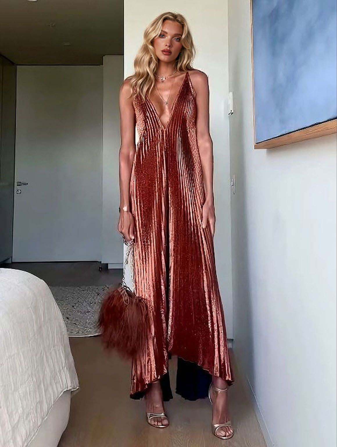 Elegant Pleated Deep V-neck Sleeveless Maxi Dress Brown