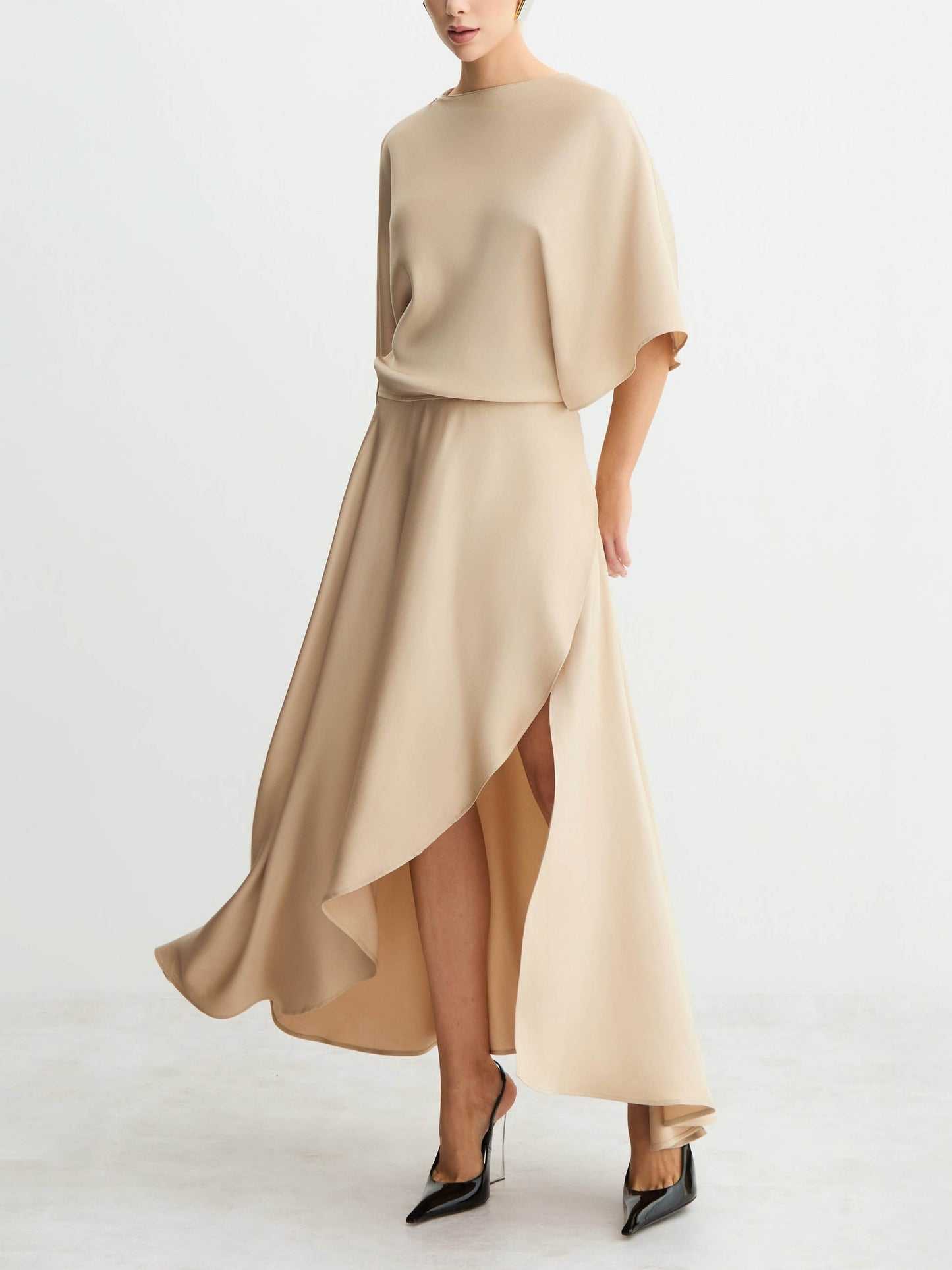 Elegant Satin Flowing Wrap Midi Dress Apricot