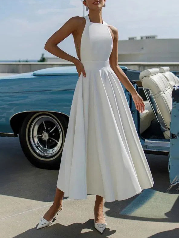 Elegant Halter Neck A-Line Midi Dress White