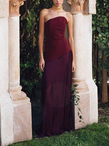Elegant Strapless Pleated Maxi Dress Dark Red