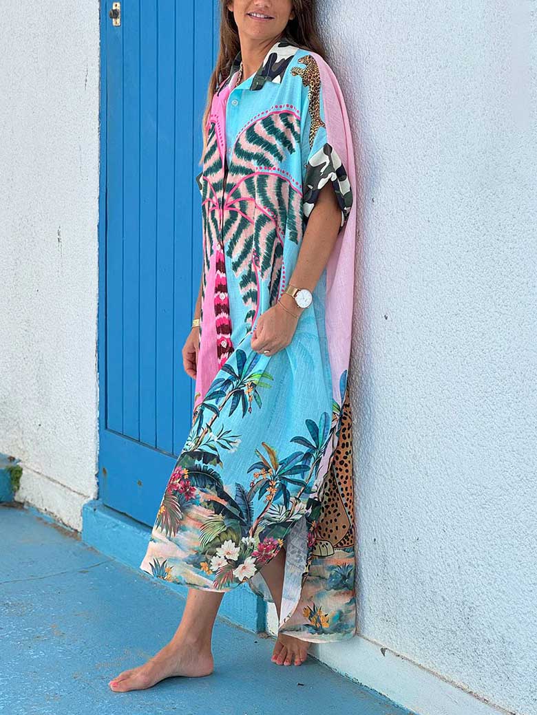 Unique Tung Palm Print Single-Breasted Shirt Maxi Dress Blue