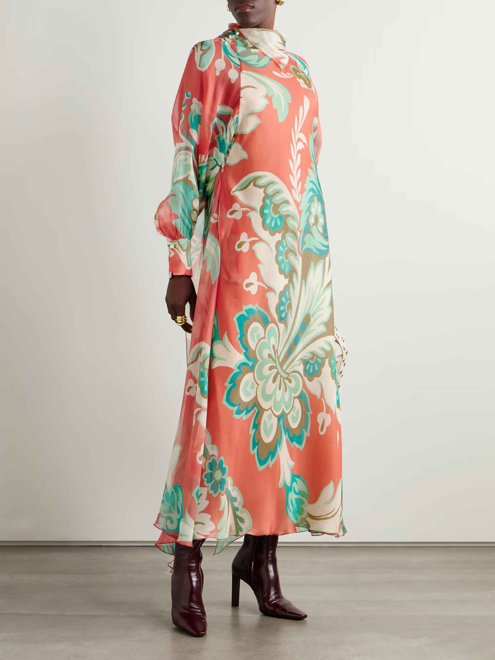 Unique Draped Floral-print Chiffon Maxi Dress Orange