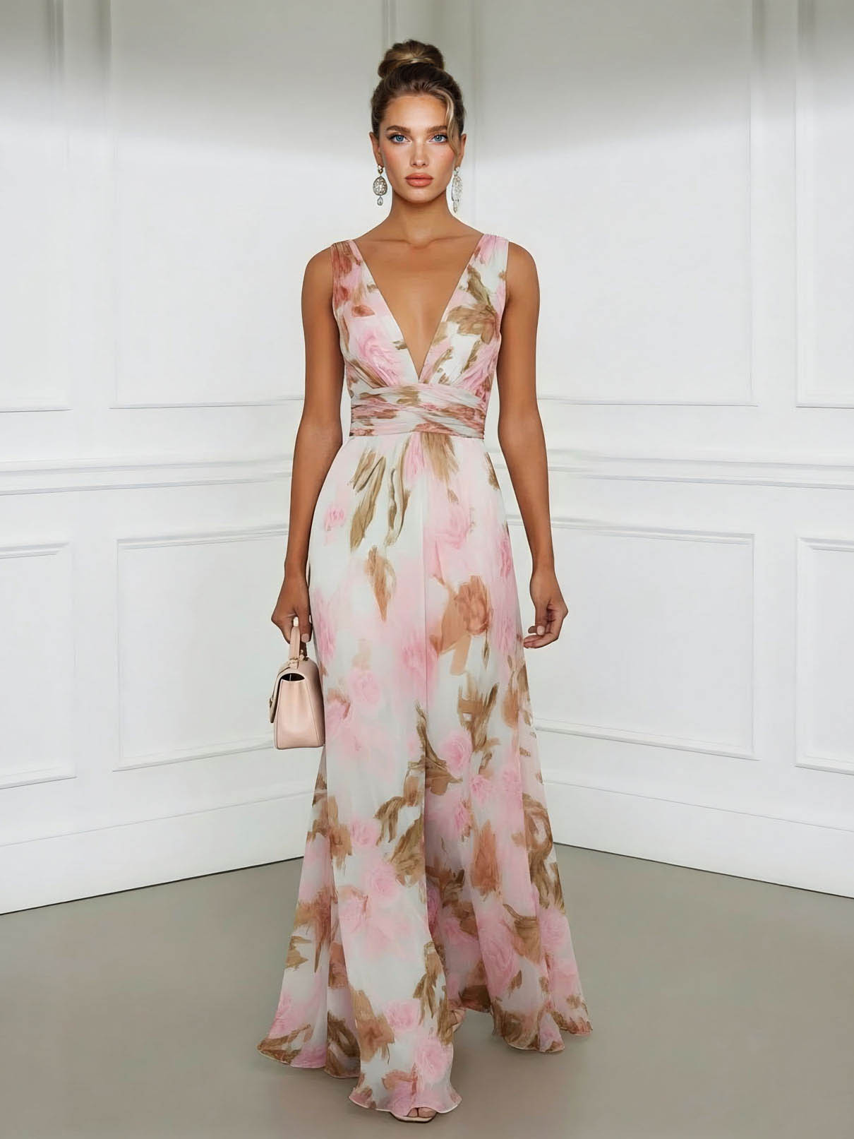 Elegant Pastel Print V-Neck Tie-Waist Slit Maxi Dress Pink
