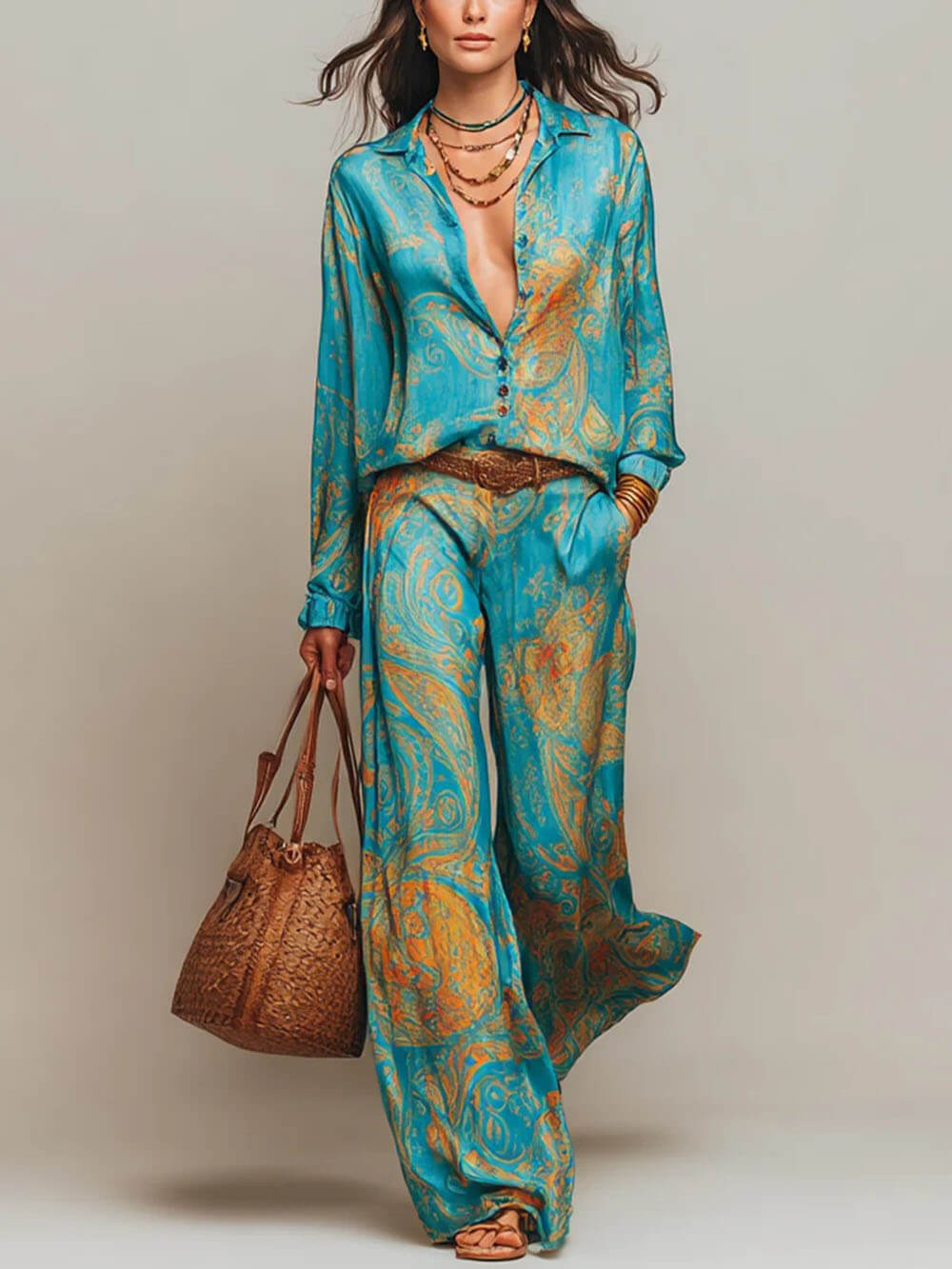 Unique Floral Print Button-Up Shirt and Elastic Waist Wide-Leg Pants Set Blue